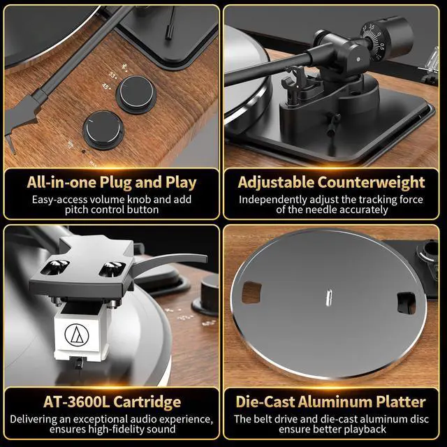Alt view image 3 of 7 - Vinyl Record Player with Built in Speakers | HiFi Turntable, Bluetooth Belt Drive Turntable for Vinyl Records with Magnetic Cartridge, Auto Stop and Warm Light Design
