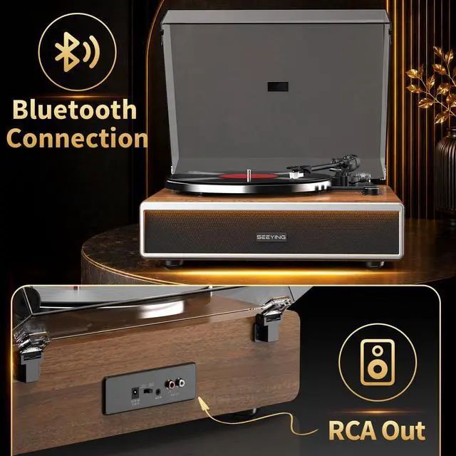 Alt view image 4 of 7 - Vinyl Record Player with Built in Speakers | HiFi Turntable, Bluetooth Belt Drive Turntable for Vinyl Records with Magnetic Cartridge, Auto Stop and Warm Light Design