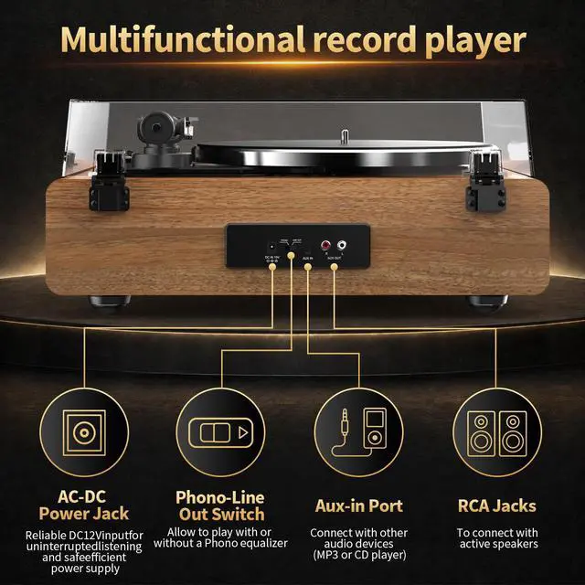 Alt view image 5 of 7 - Vinyl Record Player with Built in Speakers | HiFi Turntable, Bluetooth Belt Drive Turntable for Vinyl Records with Magnetic Cartridge, Auto Stop and Warm Light Design