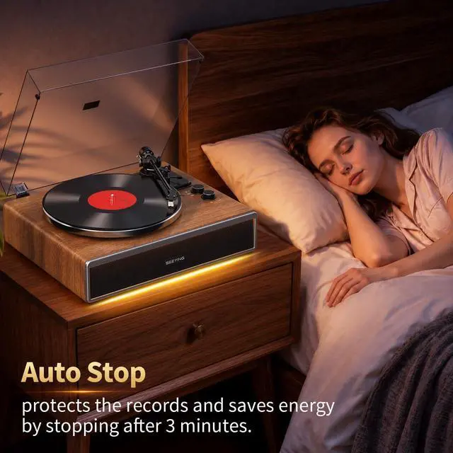 Alt view image 6 of 7 - Vinyl Record Player with Built in Speakers | HiFi Turntable, Bluetooth Belt Drive Turntable for Vinyl Records with Magnetic Cartridge, Auto Stop and Warm Light Design
