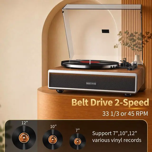 Alt view image 7 of 7 - Vinyl Record Player with Built in Speakers | HiFi Turntable, Bluetooth Belt Drive Turntable for Vinyl Records with Magnetic Cartridge, Auto Stop and Warm Light Design