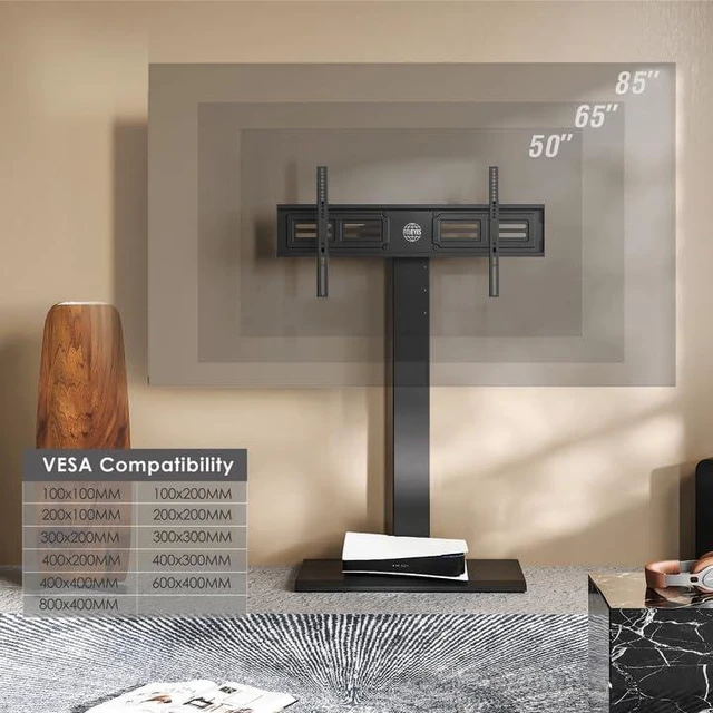 Alt view image 5 of 7 - Iron Base Universal Floor TV Stand for 50-85 Inch TVs, Black Swivel TV Mount with Height Adjustable Cable Management, Modern TV Stand Space Saving for Living Room, Bedroom, Home Office