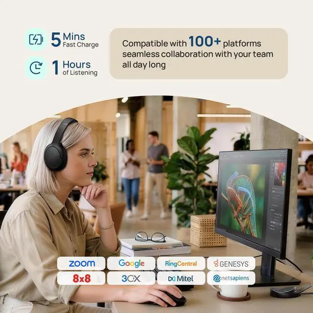 Alt view image 5 of 6 - BH78 Bluetooth Headset Noise Cancelling with Mic Over Ear Headphone | Headset with Microphone,Noise Cancelling Headphone Teams,Over Ear Call Center Wireless Headset Adaptive ANC for Work
