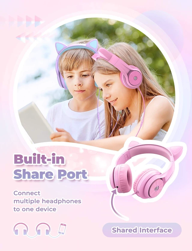 Alt view image 2 of 6 - HS20 Kids Headphones for Toddler Girls, Cat Ear LED Light Up School SafeSound Tech, 3.5mm Wired Foldable FunShare, Stereo Sound, Over-Ear Headphones for Kids for iPad/Tablet/Travel/Gift, Pink