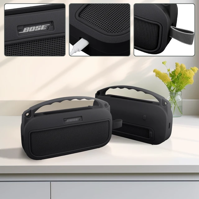 Alt view image 3 of 7 - Soft Silicone Case for Bose SoundLink Flex 2nd Gen, Black Skin-Friendly Handle, Adjustable Shoulder Strap, Crossbody Carrying, Aluminum Carabiner, Lightweight