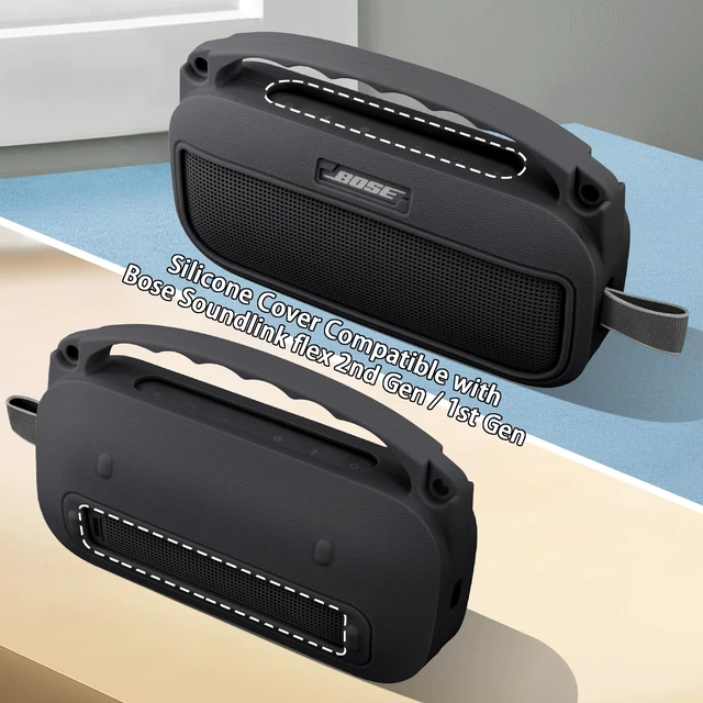 Alt view image 5 of 7 - Soft Silicone Case for Bose SoundLink Flex 2nd Gen, Black Skin-Friendly Handle, Adjustable Shoulder Strap, Crossbody Carrying, Aluminum Carabiner, Lightweight