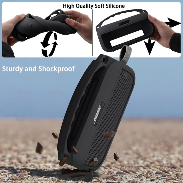 Alt view image 4 of 7 - Soft Silicone Case for Bose SoundLink Flex 2nd Gen, Black Skin-Friendly Handle, Adjustable Shoulder Strap, Crossbody Carrying, Aluminum Carabiner, Lightweight