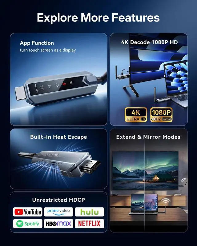 Alt view image 6 of 7 - Wireless HDMI Transmitter and Receiver 656FT with LED Screen, Up to 6 RXs, Heat-Control, Plug & Play Wireless HDMI Extender Kit 4K Decode to Monitor from PC/Projector/TV Box(1TX+1RX)