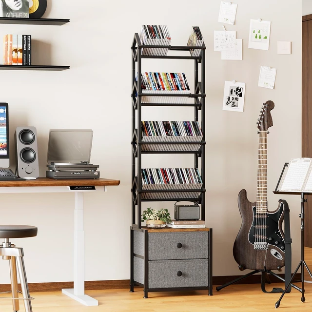 Alt view image 2 of 7 - CD Storage Rack, DVD Storage Shelf Tower, Tilted Style 5-Tier Compact Media Shelf with Fabric Drawers, Fits DVDs, Video Games, Books, For Living Room & Home Office, 58.7 in Tall