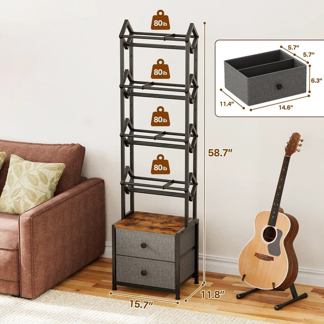 Alt view image 3 of 7 - CD Storage Rack, DVD Storage Shelf Tower, Tilted Style 5-Tier Compact Media Shelf with Fabric Drawers, Fits DVDs, Video Games, Books, For Living Room & Home Office, 58.7 in Tall