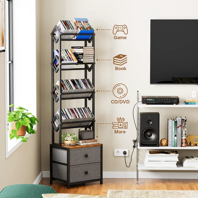 Alt view image 4 of 7 - CD Storage Rack, DVD Storage Shelf Tower, Tilted Style 5-Tier Compact Media Shelf with Fabric Drawers, Fits DVDs, Video Games, Books, For Living Room & Home Office, 58.7 in Tall