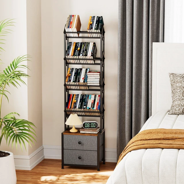 Alt view image 7 of 7 - CD Storage Rack, DVD Storage Shelf Tower, Tilted Style 5-Tier Compact Media Shelf with Fabric Drawers, Fits DVDs, Video Games, Books, For Living Room & Home Office, 58.7 in Tall
