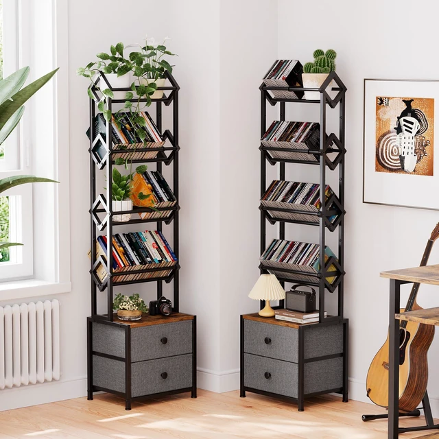 Alt view image 5 of 7 - CD Storage Rack, DVD Storage Shelf Tower, Tilted Style 5-Tier Compact Media Shelf with Fabric Drawers, Fits DVDs, Video Games, Books, For Living Room & Home Office, 58.7 in Tall