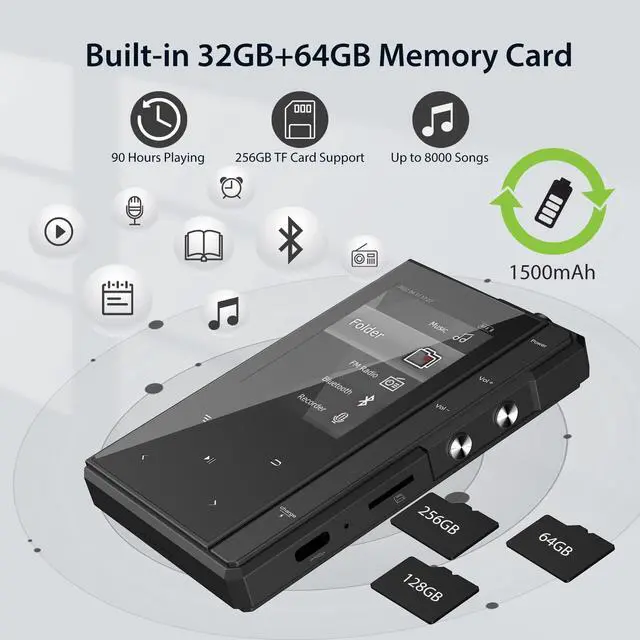 Alt view image 5 of 6 - 96GB MP3 Player with 90 Hours Long Battery Life,Bluetooth 5.0, Z6 Digital Audio Player with Sturdy and Durable Metal Frame, 2.4'' IPS Glass Screen,FM Radio,Support up to 256GB (Black, 96, GB)