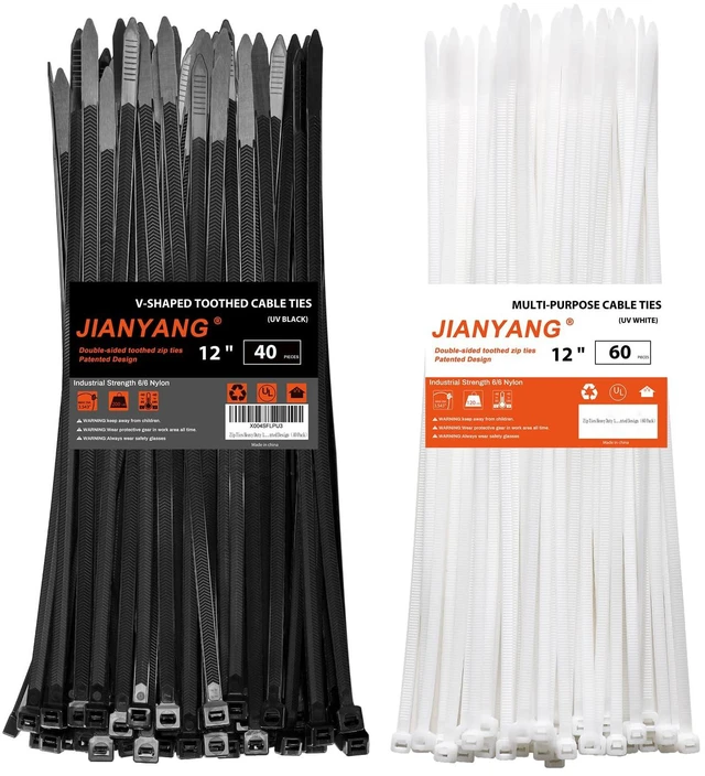 Main image of Zip Ties Heavy Duty 12+12 inch,V-Shaped Toothed Double Sided With 200 LBS Tensile Strength Cable Ties Extra Large Wire Ties Adjustable Nylon Tie Wraps for Indoor Outdoor Black and White100 Pack