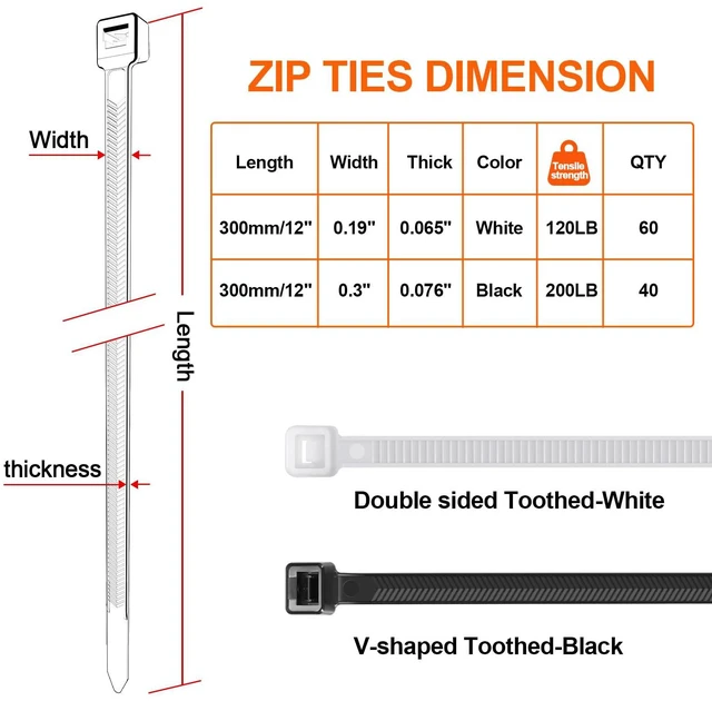 Alt view image 2 of 7 - Zip Ties Heavy Duty 12+12 inch,V-Shaped Toothed Double Sided With 200 LBS Tensile Strength Cable Ties Extra Large Wire Ties Adjustable Nylon Tie Wraps for Indoor Outdoor Black and White100 Pack