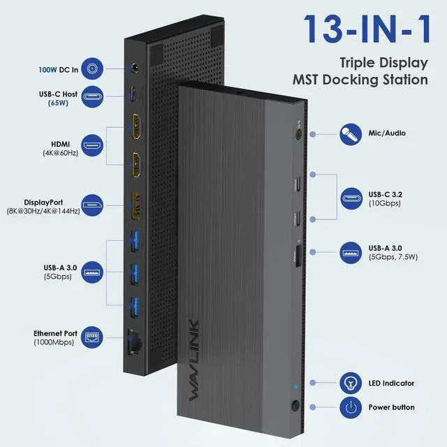 Alt view image 2 of 7 - USB C Docking Station Dual Monitor Triple Display for Laptop | Windows OS, USB Type C Dock with 130W Power Adatpter - 2 HDMI, DisplayPort, 100W PD, Ethernet, 4 USB 3.0, 2 USB-C, Audio