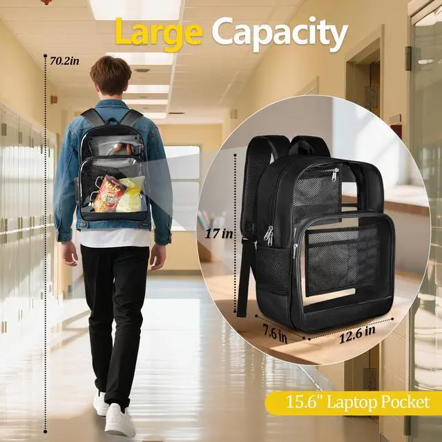 Alt view image 2 of 7 - Clear Backpack for School Heavy Duty Clear Bookbag | Sturdy Fabric Clear Bookbag Transparent PVC & Oxford Backpacks with Privacy Pocket for College Work Travel Security, Black