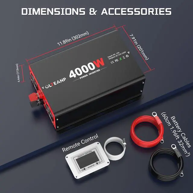Alt view image 7 of 7 - 4000 Watt Power Inverter 12V DC to 110V AC Car Inverter with 4 AC Outlets, 30W Type-C Port, 3.1A USB Port, Remote Controller on LCD Screen, Peak 8000W Car Converter for Truck,Vehicles,Trip