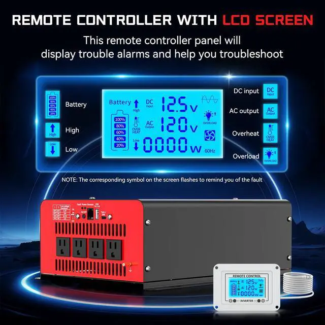 Alt view image 3 of 7 - 4000 Watt Power Inverter 12V DC to 110V AC Car Inverter with 4 AC Outlets, 30W Type-C Port, 3.1A USB Port, Remote Controller on LCD Screen, Peak 8000W Car Converter for Truck,Vehicles,Trip