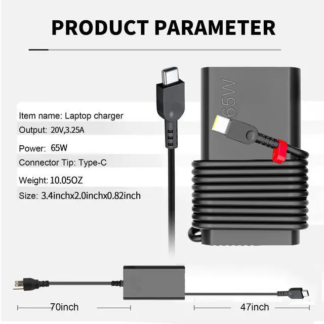 Alt view image 3 of 7 - New Slim 65W USB C Laptop Charger Compatible with Lenovo Laptop | Thinkpad/Yoga/Chromebook USB Type C Power Adapter