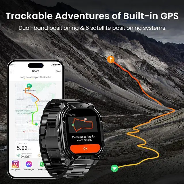 Alt view image 3 of 7 - Smart Watch with GPS, Rugged Outdoor Fitness Watch, 5 ATM & IP69K | 170+ Sports Modes, 15 Days Battery, 1.96" AMOLED, Compatible with Android & iPhone (Includes Silicone & Steel Bands)