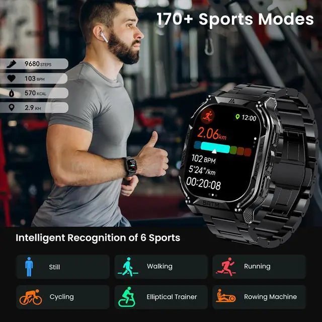 Alt view image 5 of 7 - Smart Watch with GPS, Rugged Outdoor Fitness Watch, 5 ATM & IP69K | 170+ Sports Modes, 15 Days Battery, 1.96" AMOLED, Compatible with Android & iPhone (Includes Silicone & Steel Bands)