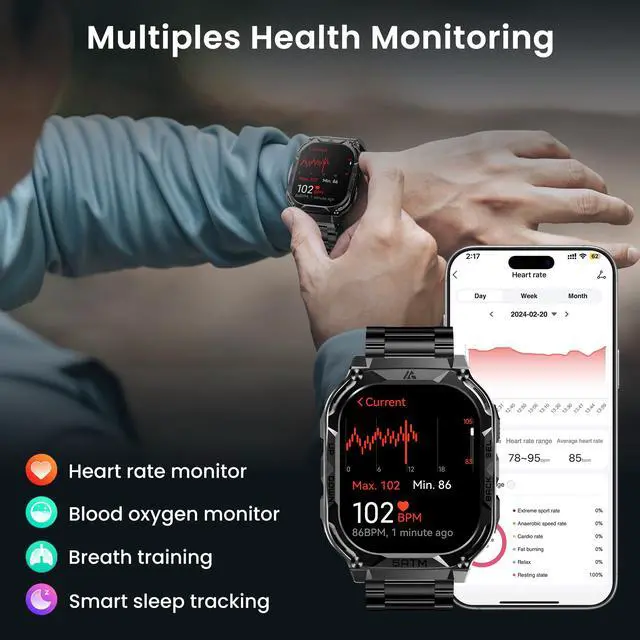 Alt view image 6 of 7 - Smart Watch with GPS, Rugged Outdoor Fitness Watch, 5 ATM & IP69K | 170+ Sports Modes, 15 Days Battery, 1.96" AMOLED, Compatible with Android & iPhone (Includes Silicone & Steel Bands)