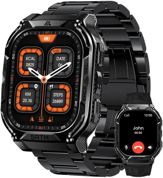 Main image of Smart Watch with GPS, Rugged Outdoor Fitness Watch, 5 ATM & IP69K | 170+ Sports Modes, 15 Days Battery, 1.96" AMOLED, Compatible with Android & iPhone (Includes Silicone & Steel Bands)