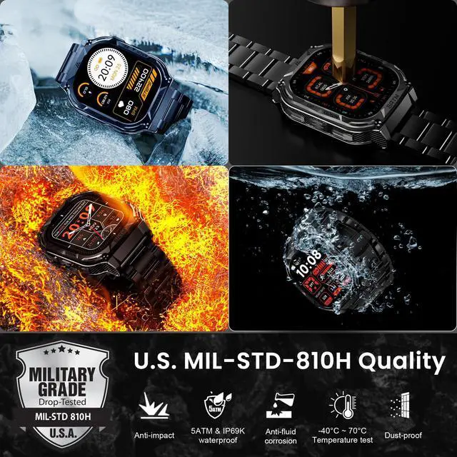 Alt view image 2 of 7 - Smart Watch with GPS, Rugged Outdoor Fitness Watch, 5 ATM & IP69K | 170+ Sports Modes, 15 Days Battery, 1.96" AMOLED, Compatible with Android & iPhone (Includes Silicone & Steel Bands)