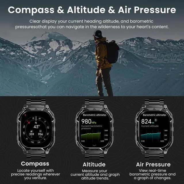 Alt view image 4 of 7 - Smart Watch with GPS, Rugged Outdoor Fitness Watch, 5 ATM & IP69K | 170+ Sports Modes, 15 Days Battery, 1.96" AMOLED, Compatible with Android & iPhone (Includes Silicone & Steel Bands)