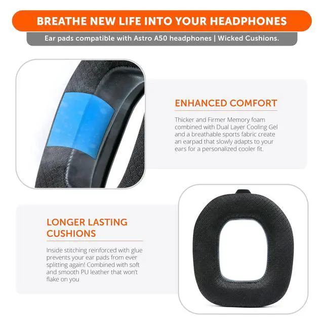 Alt view image 4 of 7 - Mod Kit A50 - Cooling Gel Earpads + Headband Replacement for Astro A50 Gen 4, Gen 5 & A50X by Wicked Cushions | Enhanced Comfort, Cooling & Durability | Black