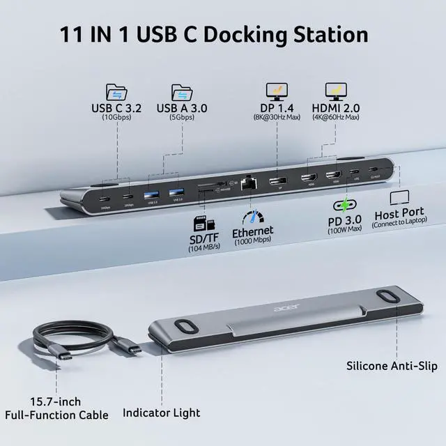 Alt view image 2 of 7 - Docking Station 3 Monitors, Laptop Docking Station Stand with 2HDMI+DP | 11-in-1 USB C Dock with 8K DP, 4K@60Hz HDMI, 10Gbps Data, 1 Gbps Ethernet, 100W Power, SD/TF, Detachable Cable Connection