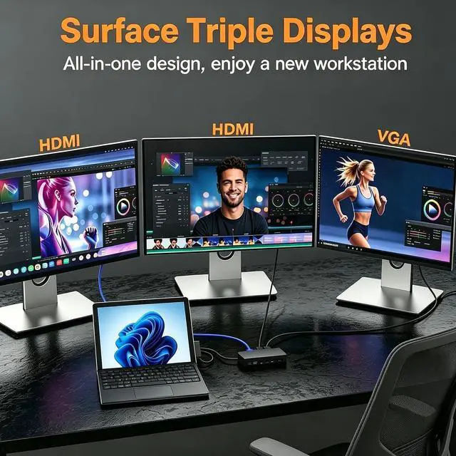 Alt view image 2 of 7 - Surface Dock Triple Displays Dual HDMI+VGA with Power Adapter,12 in 1 Surface Docking Station for Surface Pro 12/11/10/9/8/X/7/6/5/4/3,Surface Laptop 7/6/5/4/3/2/1,Surface Book Go Accessories