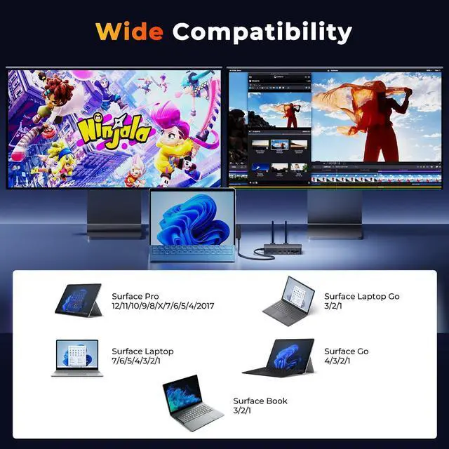 Alt view image 4 of 7 - Surface Dock Triple Displays Dual HDMI+VGA with Power Adapter,12 in 1 Surface Docking Station for Surface Pro 12/11/10/9/8/X/7/6/5/4/3,Surface Laptop 7/6/5/4/3/2/1,Surface Book Go Accessories
