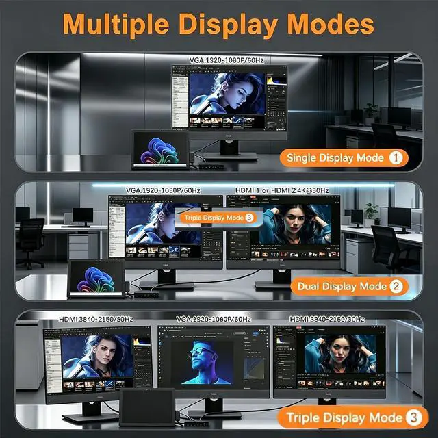 Alt view image 5 of 7 - Surface Dock Triple Displays Dual HDMI+VGA with Power Adapter,12 in 1 Surface Docking Station for Surface Pro 12/11/10/9/8/X/7/6/5/4/3,Surface Laptop 7/6/5/4/3/2/1,Surface Book Go Accessories