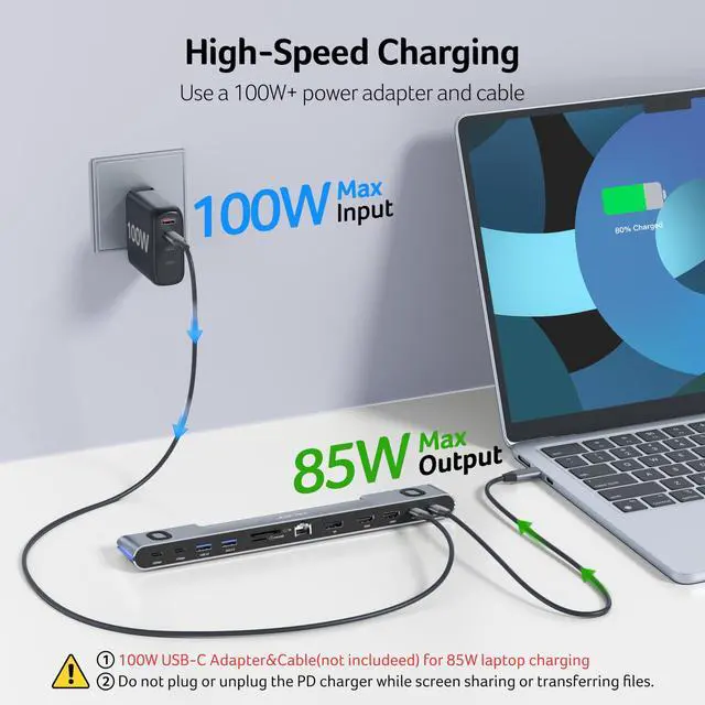 Alt view image 7 of 7 - Docking Station 3 Monitors, Laptop Docking Station Stand with 2HDMI+DP | 11-in-1 USB C Dock with 8K DP, 4K@60Hz HDMI, 10Gbps Data, 1 Gbps Ethernet, 100W Power, SD/TF, Detachable Cable Connection