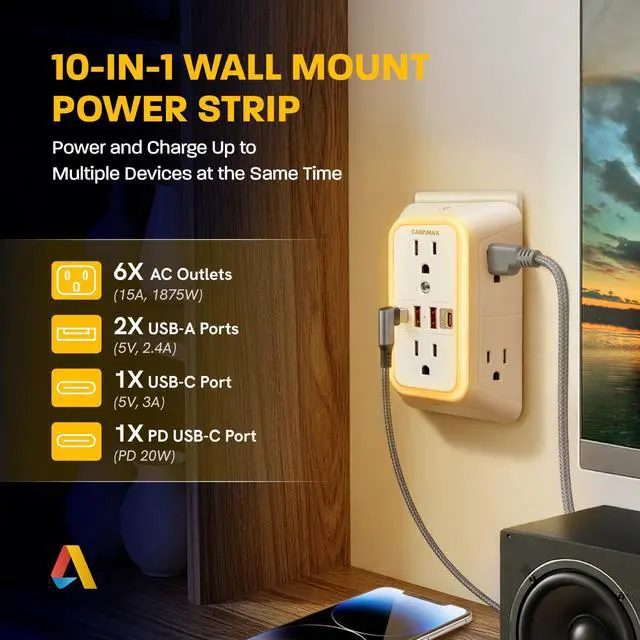 Alt view image 2 of 7 - Multi Plug Wall Outlet Extender - 6 Outlet Splitter & 4 USB Ports with 20W PD USB-C Fast Charging, Smart Night Light, 3-Sided 1050J Surge Protector Power Strip for Home, Office, Dorm Room Essentials