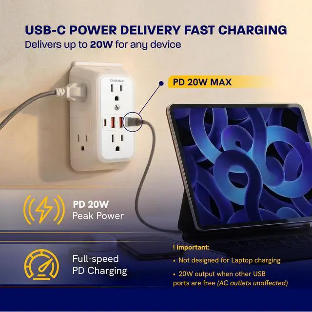 Alt view image 3 of 7 - Multi Plug Wall Outlet Extender - 6 Outlet Splitter & 4 USB Ports with 20W PD USB-C Fast Charging, Smart Night Light, 3-Sided 1050J Surge Protector Power Strip for Home, Office, Dorm Room Essentials
