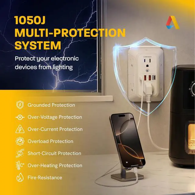 Alt view image 5 of 7 - Multi Plug Wall Outlet Extender - 6 Outlet Splitter & 4 USB Ports with 20W PD USB-C Fast Charging, Smart Night Light, 3-Sided 1050J Surge Protector Power Strip for Home, Office, Dorm Room Essentials