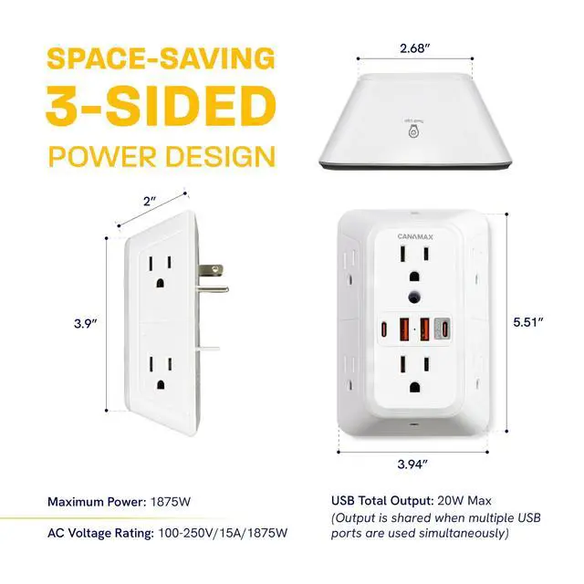 Alt view image 7 of 7 - Multi Plug Wall Outlet Extender - 6 Outlet Splitter & 4 USB Ports with 20W PD USB-C Fast Charging, Smart Night Light, 3-Sided 1050J Surge Protector Power Strip for Home, Office, Dorm Room Essentials