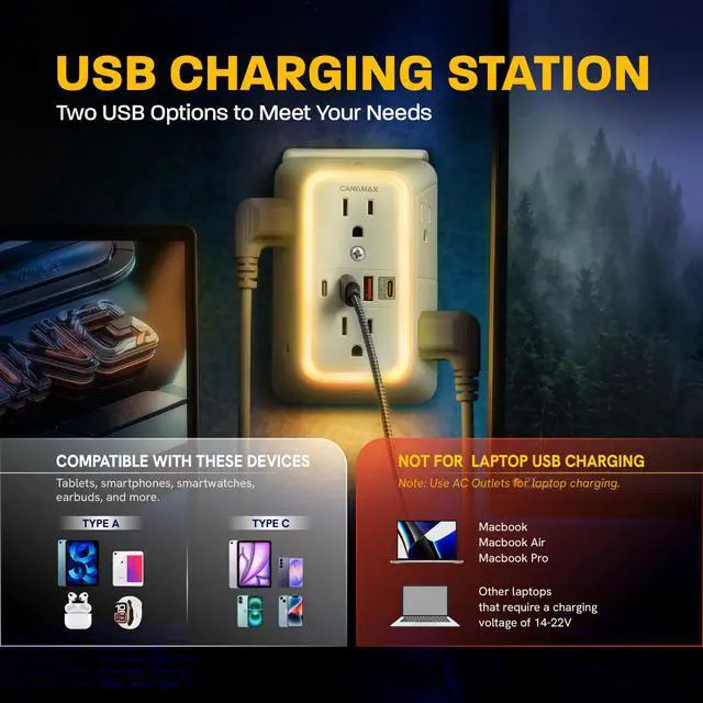 Alt view image 6 of 7 - Multi Plug Wall Outlet Extender - 6 Outlet Splitter & 4 USB Ports with 20W PD USB-C Fast Charging, Smart Night Light, 3-Sided 1050J Surge Protector Power Strip for Home, Office, Dorm Room Essentials