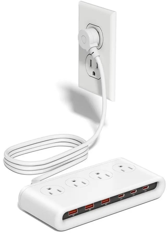 Main image of Power Strip with USB C 35W,10-in-1 Flat Plug Wall Charger - 5FT Extension Cord with 4AC, 3 USB A & 3 USB C - PD20W Charging Station for Multiple Devices - Travel Home Office (White)