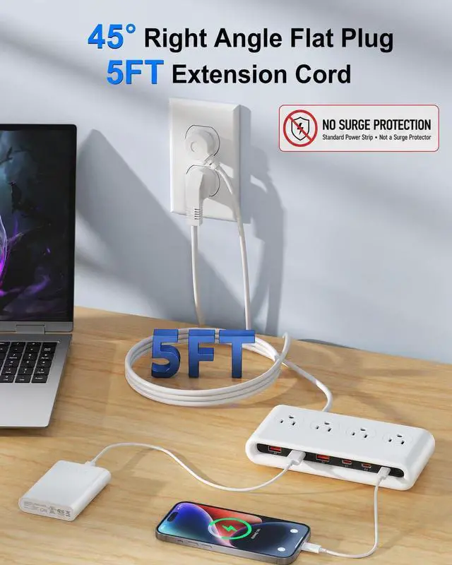 Alt view image 6 of 7 - Power Strip with USB C 35W,10-in-1 Flat Plug Wall Charger - 5FT Extension Cord with 4AC, 3 USB A & 3 USB C - PD20W Charging Station for Multiple Devices - Travel Home Office (White)