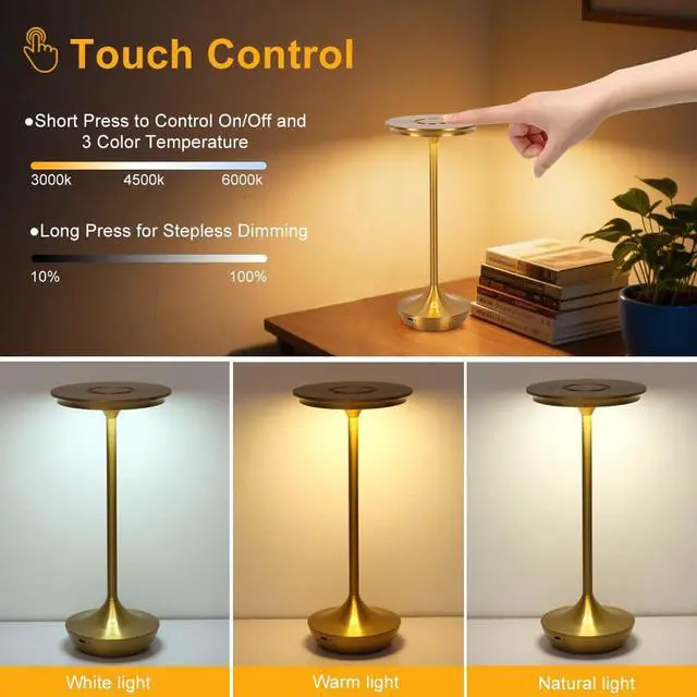 Alt view image 4 of 7 - Rechargeable Cordless Table Lamp, 6000mAh Battery Operated LED Table Lights,Touch Control - 3 Color Dimmable for Bedroom, Patio, Cofee, Outdoor,Dining Home,Restaurant&Living Room-Gold