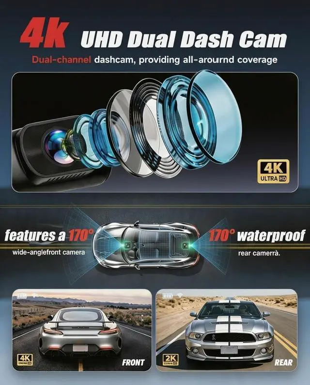 Alt view image 3 of 6 - HKOIZBL 4K+2.5K Dash Cam Front and Rear, Built-in 5G WiFi, 32GB Card Included, 2'' IPS Screen Dash Camera for Cars, Starlight Night Vision, Dual Dashcam with WDR, Loop Recording, 24H Parking Monitor