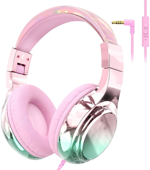 Main image of Kids Headphones with Cord with Mic, 85/94dB Safe Volume Limit foldable on-ear fit, tangle-free cord, sharing port, Kids Wired Headphones for school, Chromebook, tablet, travel, boys girls