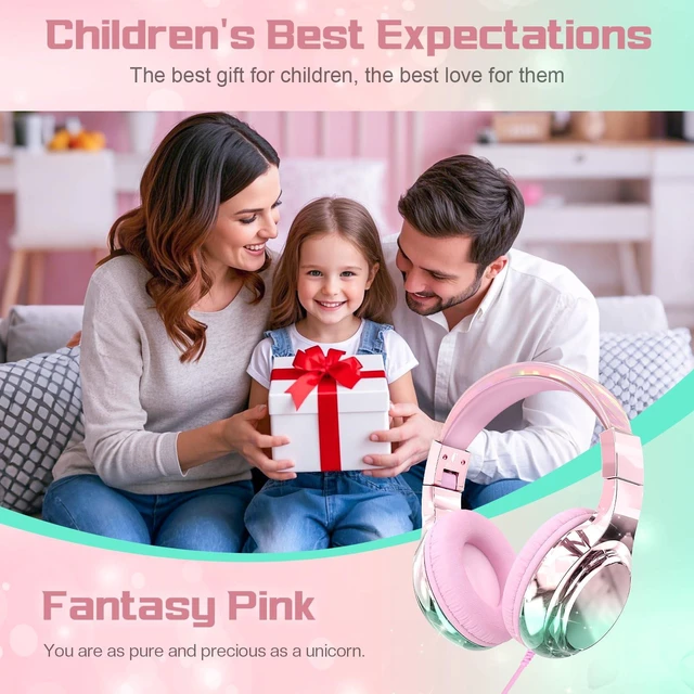 Alt view image 2 of 7 - Kids Headphones with Cord with Mic, 85/94dB Safe Volume Limit foldable on-ear fit, tangle-free cord, sharing port, Kids Wired Headphones for school, Chromebook, tablet, travel, boys girls