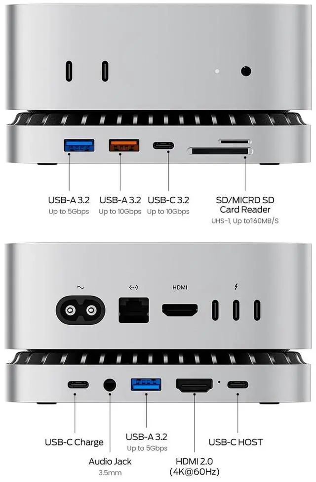 Alt view image 4 of 7 - Mac mini M4 Dock, Aluminum Stand and HDMI Hub for Mac mini M4 and M4 Pro 2024 with M.2 NVMe/SATA SSD Enclosure, 4K60Hz HDMI,10G USB A/C, 5G USB A*2, USB-C Charge, SD/TF, Audio