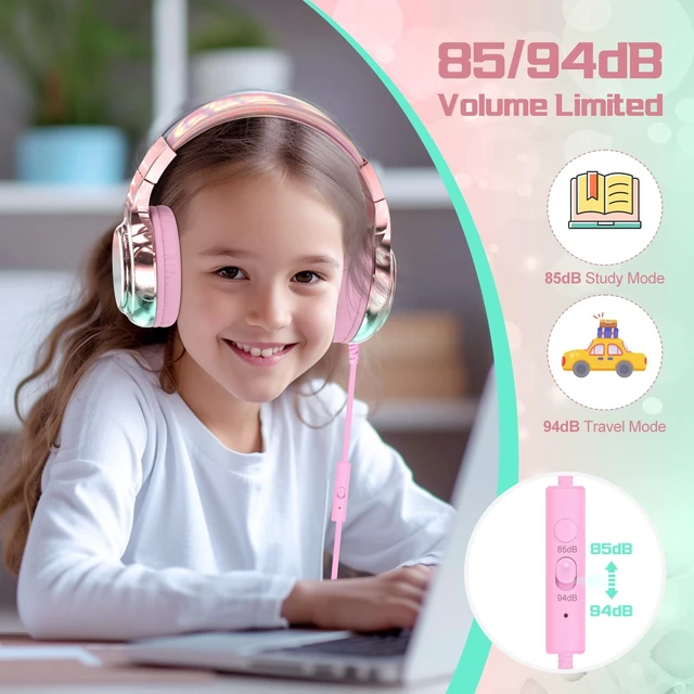 Alt view image 3 of 7 - Kids Headphones with Cord with Mic, 85/94dB Safe Volume Limit foldable on-ear fit, tangle-free cord, sharing port, Kids Wired Headphones for school, Chromebook, tablet, travel, boys girls